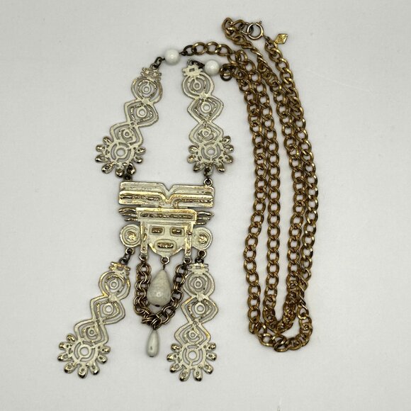 Vintage Sarah Cov Tribal Aztec White Enamel Large Pendant Necklace 36” - Picture 2 of 12